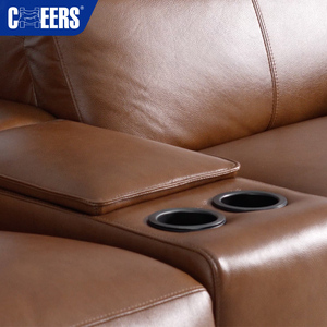 MANWAH CHEERS Canapé deux places inclinable électrique moderne en cuir véritable marron avec appuie-tête réglable en métal, lampe de lecture et port de charge USB - Product Image 3