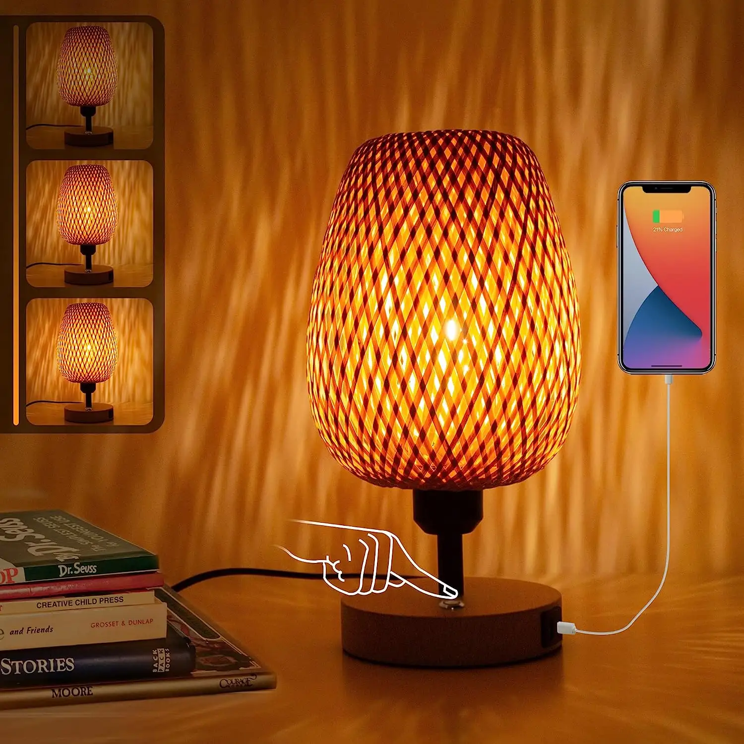 Hollow Bamboo shade Living Room Decorative Lighting 2 USB Ports Type C Type A Touch Dimming 3 Levels Brightness LED Table Lamp