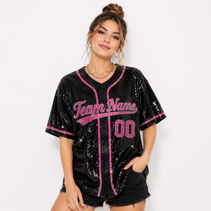 Maillot de baseball personnalisé à sequins pour femme – Nom et numéro personnalisables – Manches courtes – Chemise de supporter pour le jour du match – Coton/Polyester/Spandex – Été - Product Image 1