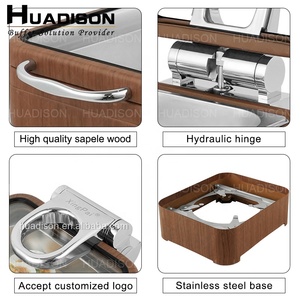Huadison <span class=keywords><strong>restaurante</strong></span> suministros Sapele madera mini rectángulo buffet calentador de alimentos <span class=keywords><strong>cuatro</strong></span> litros platos de frotamiento con tapa de vidrio - Product Image 6