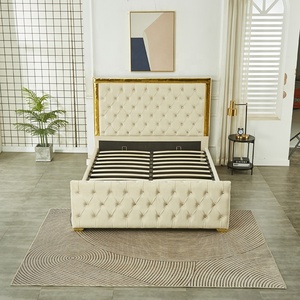 <span class=keywords><strong>Letto</strong></span> <span class=keywords><strong>Matrimoniale</strong></span> con Contenitore in Velluto Trapuntato Beige Crema di Lusso Europeo con Testiera Alta e Bordo Dorato - Product Image 3