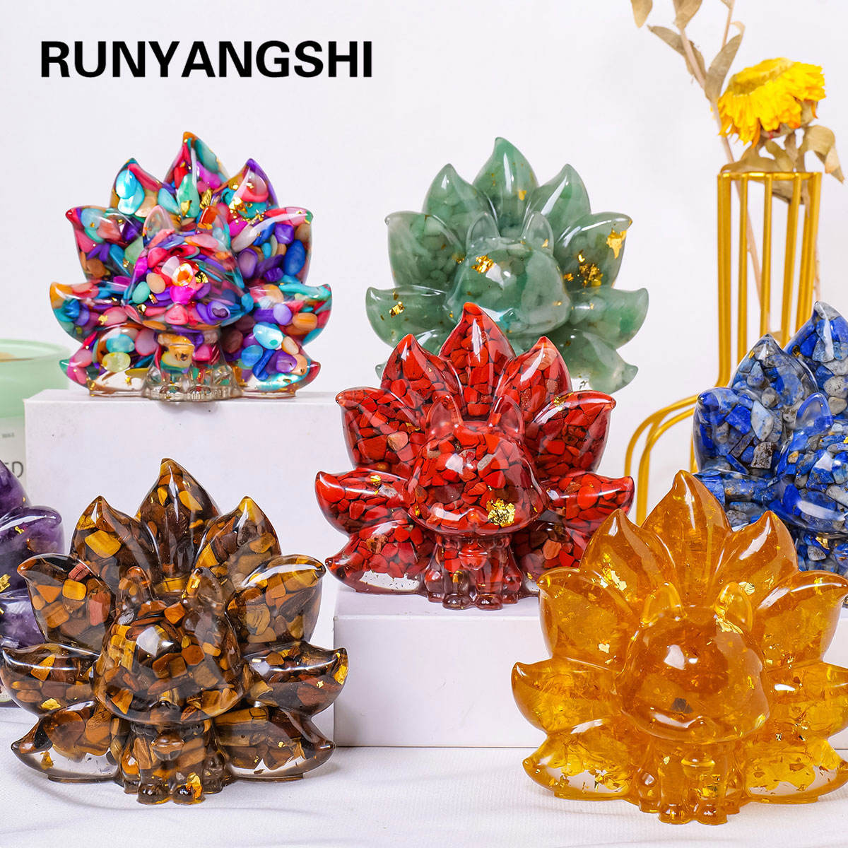 Wholesale Nine-Tailed Fox Resin Crafts with Natural Crystals