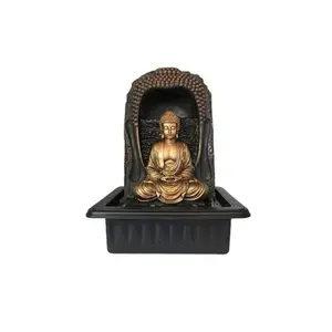 Waterfall Tabletop Fountain w/ LED Light, Buddha Sitting Gold Desk Waterfall Decoration; Zen Fountain Indoor Waterfall Fountain