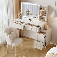 Ensemble coiffeuse de luxe en bois crème de style européen avec miroir LED et rangement à tiroirs pour chambre à coucher