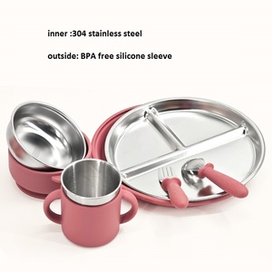 Juego de alimentación para bebés de 8 piezas, platos y tazones de acero inoxidable con ventosa, tenedor y cuchara de silicona, utensilios sin BPA, ecológicos, 9 colores, Baby Led - Product Image 6