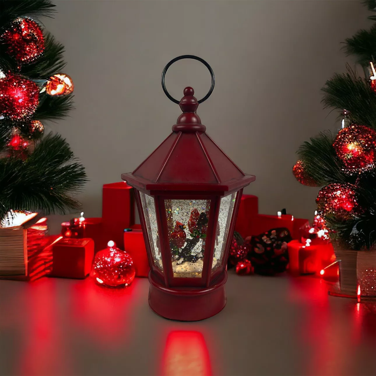 Christmas Musical Snow Globe Water Swirling Lighted Snow and Cardinals Lantern Xmas Light up Resin Water Globe