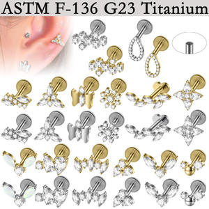 Boucles d'oreilles clous de lèvre en titane ASTM-F136 G23, style vintage, avec zircon à dos plat en forme de T et filetage interne, pour mariage et fiançailles - Product Image 1