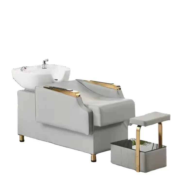 Most Popular Furniture Luxury Salon Soft Leather Beauty Shampoo Bed Wash Chair With Ceramic Bowl Basin Sink