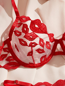 Vente Flash : Ensemble de Lingerie Érotique Rouge Brodé avec Lèvres Rouges, Dentelle et Armatures, Effet Push-Up pour Femme - Product Image 2