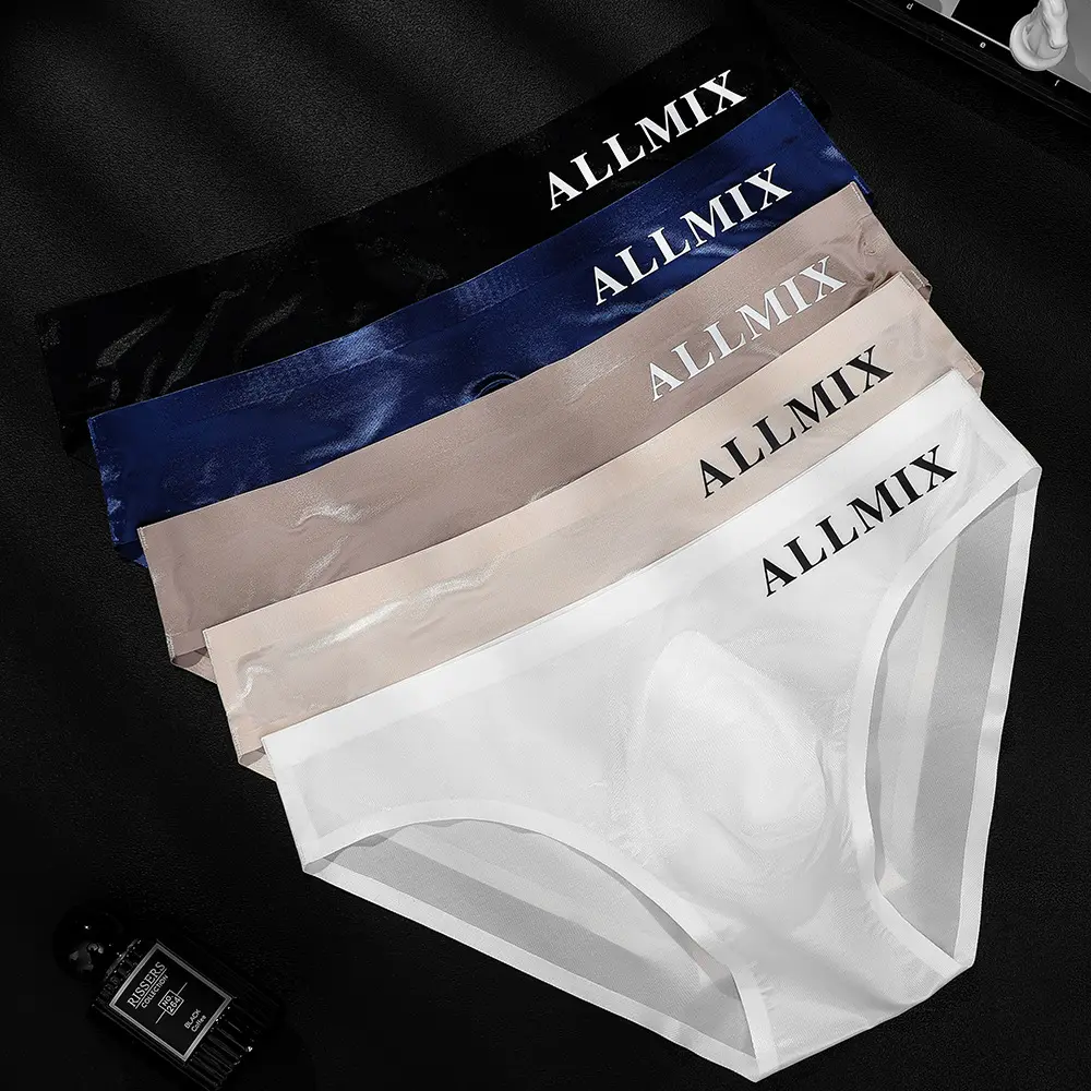 Men's Summer Breathable Comfort Letter Sports Sexy Transparent Egg Wrap Ice Silk Low Waist Triangle Pants Underwear