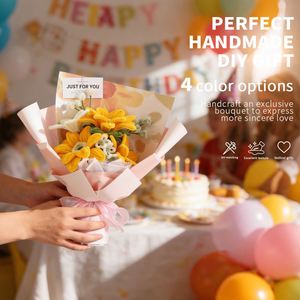 กล่องของขวัญช่อดอกทานตะวัน ชุดอุปกรณ์งานฝีมือ DIY ครบชุด สำหรับทำช่อดอกไม้สุดตระการตา พร้อมริบบิ้นมุกและกระดาษห่อพรีเมียม พร้อมมอบเป็นของขวัญ - Product Image 5