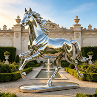 Décoration de jardin de villa de style moderne sur mesure, en acier inoxydable poli, avec découpes ajourées 	   Sculptures de chevaux en pleineple