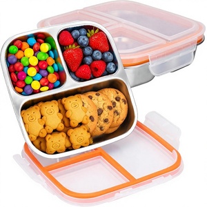Boîtes à lunch en acier inoxydable pour enfants, réutilisables, étanches, boîte à bento pour collations avec 3 compartiments pour le stockage des aliments, pique-nique, voyage - Product Image 1