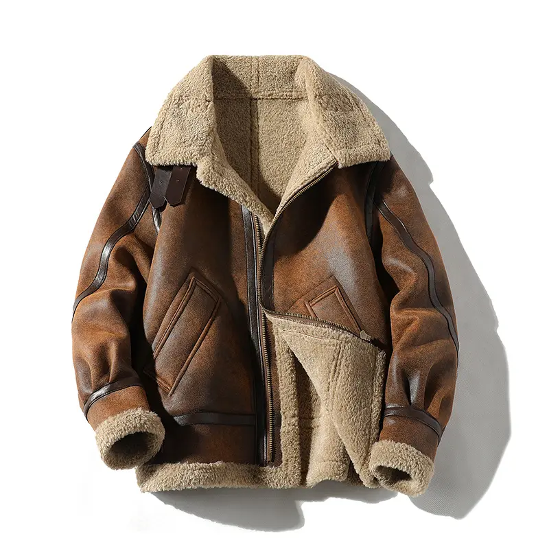 Blouson d'hiver en similicuir marron doublé pour homme, blouson de moto en laine d'agneau en daim avec fermeture éclair