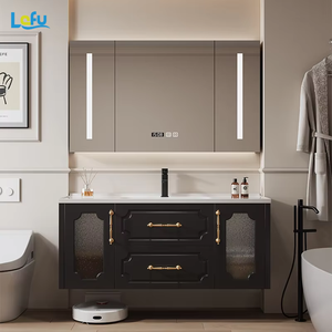 Mueble de baño de madera de caucho francés moderno, acabado de laca negra, juego de <span class=keywords><strong>lavabo</strong></span> de cerámica MDF impermeable, <span class=keywords><strong>armario</strong></span> de <span class=keywords><strong>lavabo</strong></span> - Product Image 1