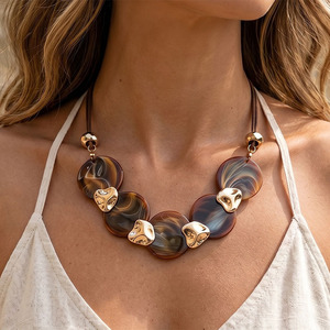 Bohemian Vintage Geometric Alloy Women Necklace With Acrylic Round Pendant Trendy European American Daily Vacation Neck Jewelry - Product Image 1