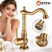 Robinet de salle de bain rétro, finition bronze antique, poignée unique, bec col de cygne, style vintage orné, robinet de lavabo