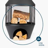 Moderne schwarze Metall-Holzfeuerstelle mit Holzlager und Funkenfanggitter für Terrassen-Feuerstelle im Freien