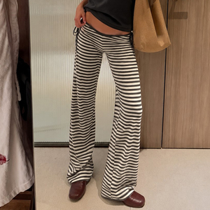 Pantalon extensible taille basse à rayures colorblock avec découpes latérales et liens, style urbain européen et américain, coupe flatteuse, basique et décontracté, pour un look tendance. - Product Image 2