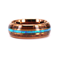 Brauner Ehering Ring für Mann Frau mit Koa Holz Inlay Hellblauer Opal Ring