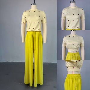 Nouveauté : Ensemble Femme Estival Chic et Tendance – <span class=keywords><strong>Haut</strong></span> à Manches Courtes Col Rond Motif Cœur avec Pantalon Large - Product Image 4