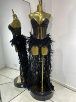 Robe Bodysuit Longue pour Femme, Taille Naturelle, Antistatique, Plumes Longues, Strass Diamant, Maille Transparente, Soirée