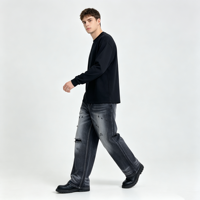 Jean bleu foncé délavé pour homme, coupe droite, ample, en denim indigo profond, avec ourlet à multiples fentes