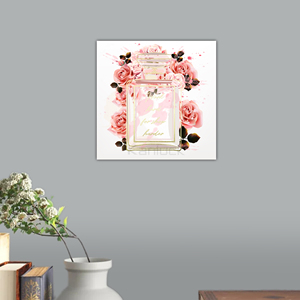 Chai nước hoa thanh lịch được bao quanh bởi màu hồng tươi tốt Hoa hồng vải nghệ thuật in trên Vải vẽ tranh nghệ thuật - Product Image 5