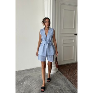 ชุดเสื้อกั๊กและกางเกงขาสั้นผ้าลินิน สีฟ้า ชุดฤดูร้อนสำหรับผู้หญิง ไซส์ S ชุดลำลอง - Product Image 3