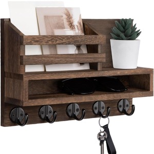 Wooden Key Rack Wall Mounted Mail And Glasses Storage <b>Shelf</b> With <b>Hooks</b> For Entryway Living Room Organization - Product Image 1