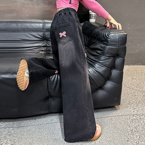 <span class=keywords><strong>Pantaloni</strong></span> Casual da ragazza con fiocco ricamati in Denim nuovo Design nero a gamba larga per gli studenti delle scuole medie per la primavera autunno - Product Image 4