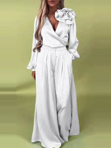 Camicetta da donna primavera e autunno elegante con scollo a V in tinta unita con abbellimenti floreali + pantaloni larghi e Casual - Product Image 3