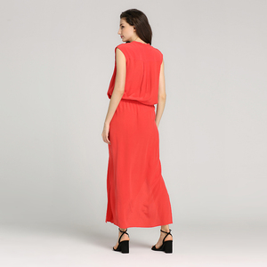 Modèles chauds de 2020 16MM 100% CDC en soie rouge Vif sans manches V cou femmes longue robe élégante - Product Image 5