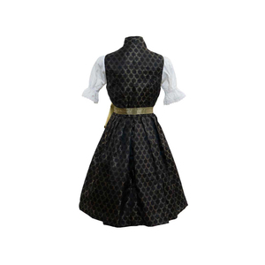 Robe traditionnelle Dirndl noire à motif géométrique doré en satin, coupe trapèze, longueur midi, manches bouffantes, col cœur, pour les fêtes et célébrations - Product Image 2