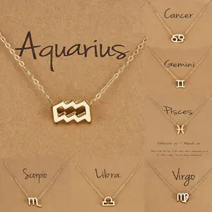 Birthday Gift Gold Plated 12 Zodiac Sign Pendant Wish Card Charm Gold Chain Choker Astrology Necklace Jewelry For Women
