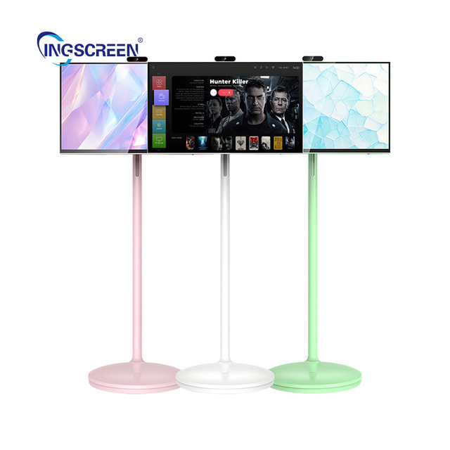 INGSCREEN White LED HDTV Movable Charging Screen Display Built-In Battery Speaker Smart Interactive Portable TV on Wheels