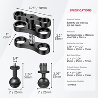Clip papillon Mechrig avec deux têtes de boule de 1/4 ", support de pince à ressort en aluminium CNC pour appareils photo GoPro/Insta360/DSLR