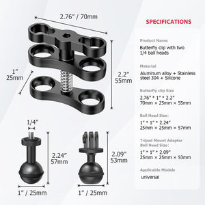 Clip papillon Mechrig avec deux têtes de boule de 1/4 ", support de pince à ressort en aluminium CNC pour appareils <span class=keywords><strong>photo</strong></span> <span class=keywords><strong>GoPro</strong></span>/Insta360/DSLR - Product Image 2