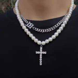 Hip-hop lettera M catena cubana per gli uomini alla moda strass con ciondolo croce perle perline collane gioielli accessori