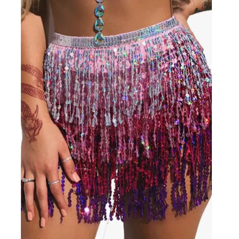 Hot Selling Belly Dance Long Fringe Hip Scarf Dancing Waist Belt Skirt Sequins Tassel Women