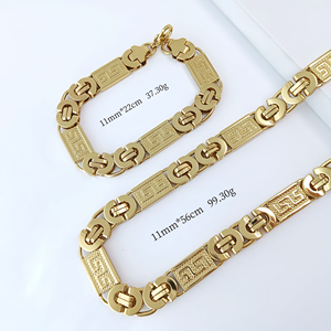 Conjunto de Joyería para Hombre en Acero Inoxidable, Brazalete Bizantino y Collar Plateado con Baño de Oro de 18k, Dos Tonos, Estilo <span class=keywords><strong>Cubano</strong></span> Grande - Product Image 6