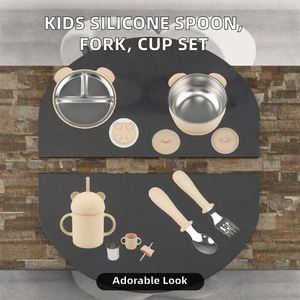 Juego de Vajilla Infantil de Acero Inoxidable 304, Cuchara, Tenedor, Vaso con Succión, Plato Dividido, Cubierta de Silicona Extraíble - Product Image 2