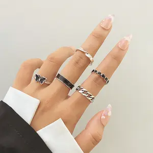 Go Party 6Pcs/Set Enamel Butterfly Heart Joint Ring Sets For Women Alloy Metal Geometric Cuban Chain Wedding Knuckle Rings