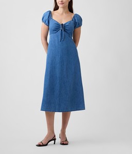Robe midi ajustée sans manches en denim vintage uni, respirante, imprimée numériquement, coupe trapèze, idéale pour l'été - Product Image 1