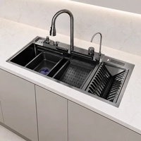 Évier de cuisine multifonction en acier inoxydable 304, surface noire nano, fait main, avec égouttoir, nouveau style 2026