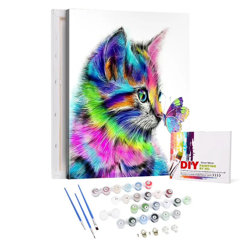 Tela de pintura animais pintura a óleo, números, conjunto de pintura em papel pintura a óleo por números, 24 cores, pintura animal por números 20x20 gato