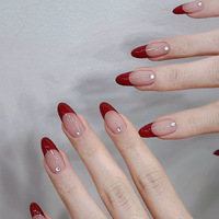 24 faux ongles en acrylique à presser, design français rond moyen rouge avec diamants, pour nail art