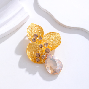 Broche de gota de agua de hoja con incrustaciones de diamantes exagerados, broche de flor de pecho de cristal multicolor de aleación para mujer - Product Image 2