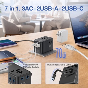 Wontravel 3 Way <b>Plug</b> /Socket EU India Worldwide 70W Universal Travel <b>Adapter</b> with Retractable Cable - Product Image 3
