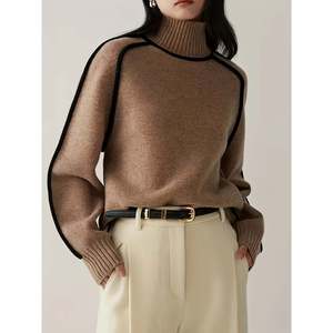 Pull à col roulé avec bordure contrastée, couleur olive brun, taille S, pulls pour femmes - Product Image 6